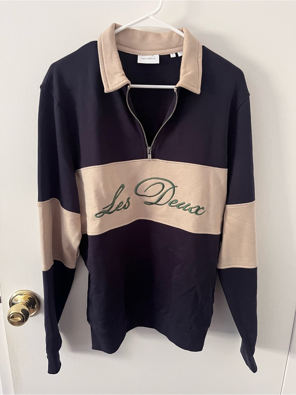 Les Deux Cory Zipper Rugby Sweatshirt Navy Blue Sand Small
